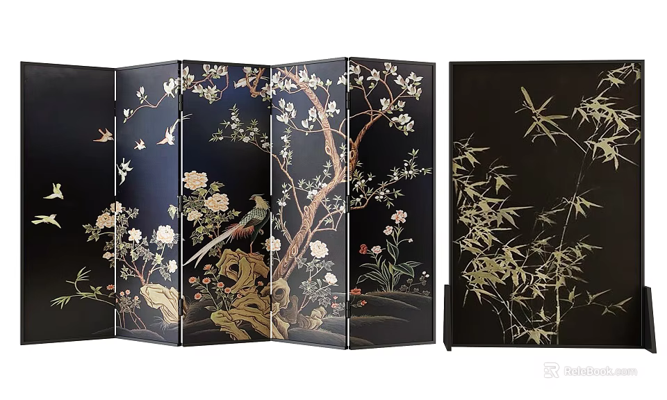Traditional Chinese Decorative Screen With Birds Flowers Bamboo And Floral Patterns 3d model 