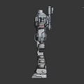 Detailed Gray Mech Robot with Red Joints Purple Chest Holding Weapon