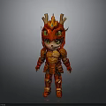 Cute Red Dragon Themed Character In Armor Costume With Golden Horns And Green Eyes