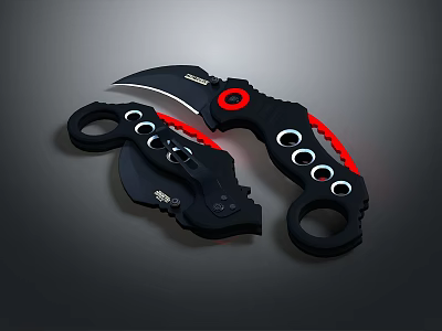 Black Red Tactical Folding Knives With Ring Handles And Hole Patterns 3d model