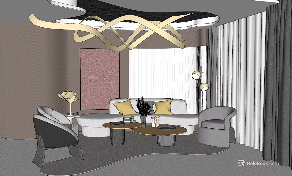 Modern Stylish Sofa And Coffee Table Set With Yellow Cushions Accent Chairs And Pendant Light 3d model 