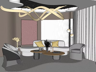 Modern Stylish Sofa And Coffee Table Set With Yellow Cushions Accent Chairs And Pendant Light 3d model