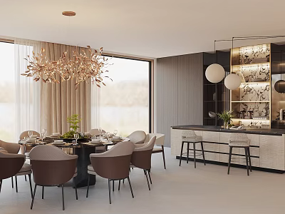 Elegant Modern Restaurant Interior With Chandelier Dining Table Chairs And Bar Counter 3d model