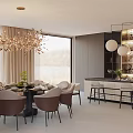 Elegant Modern Restaurant Interior With Chandelier Dining Table Chairs And Bar Counter