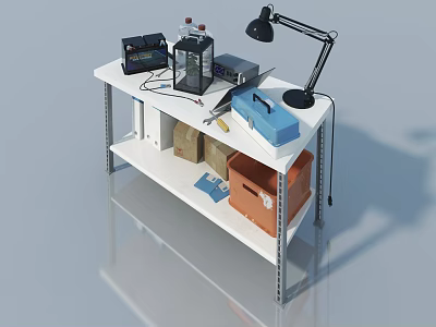 Sturdy Hinged Door For Home Office Workbench With Desk Lamp And Storage Boxes 3d model