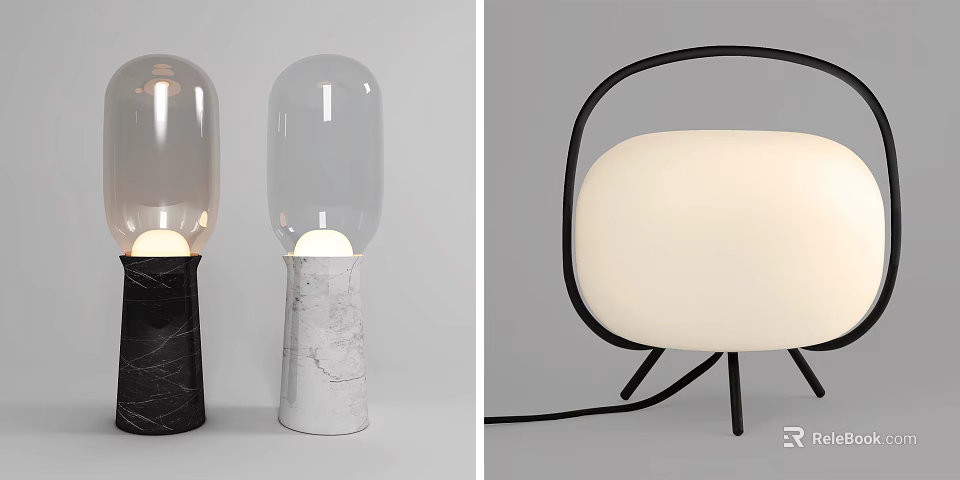 Modern Table Lamps Featuring Marble Base Transparent Glass Shade And Black Metal Frame White Lampshade 3d model 