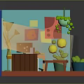 Cartoon Style Cozy Room With Blue Walls Yellow Curtains Decorative Posters Sofa And Potted Plants