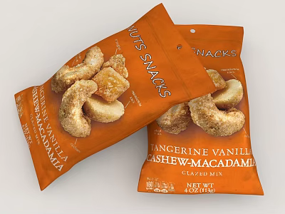 Delicious Tangerine Vanilla Cashew Macadamia Nuts Snacks In Orange Bags 3d model