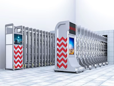 Silver Retractable Gates With Red And White Chevron Pattern Display Screens 3d model
