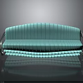 Turquoise Striped Sofa With Metal Armrests On Smooth Black Floor Showing Reflection