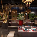 Spacious Hotpot Restaurant Interior With Wooden Tables Wicker Pendant Lights And Green Plants