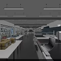 Industrial Factory Workshop Production Line With Workbenches Overhead Lights Cardboard Boxes And Stacked Components
