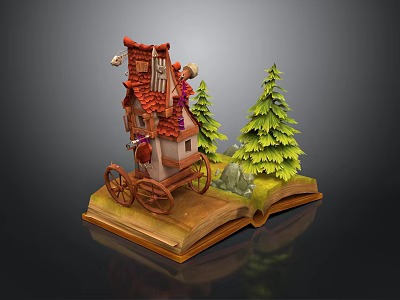 Whimsical Open Book Display With Small Wheeled House And Green Pine Trees 3d model