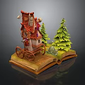 Whimsical Open Book Display With Small Wheeled House And Green Pine Trees