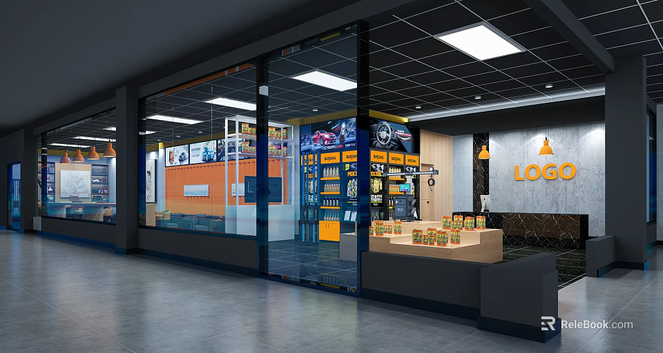 4S Auto Showroom With Shelves Display Area Brand Logo And Counter 3d model 