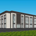 Modern Sales Office Building With Large Glass Walls Gray Roof White Walls And Front Square