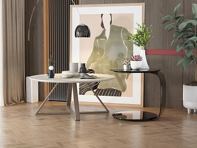Modern Round Coffee Table Interior With Marble Top Metal Legs Green Plants And Art Painting 3d model