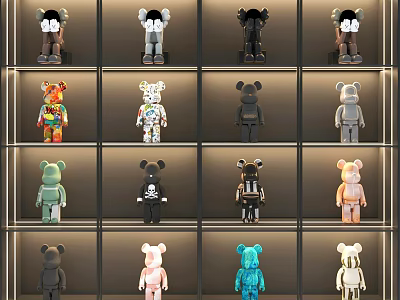 Diverse Collectible Dolls with Unique Colors and Designs Displayed on Shelves 3d model