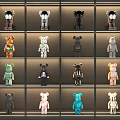 Diverse Collectible Dolls with Unique Colors and Designs Displayed on Shelves