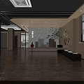 Modern Lobby Interior With Wooden Flooring Walls Circular Decor Green Plant And Bench
