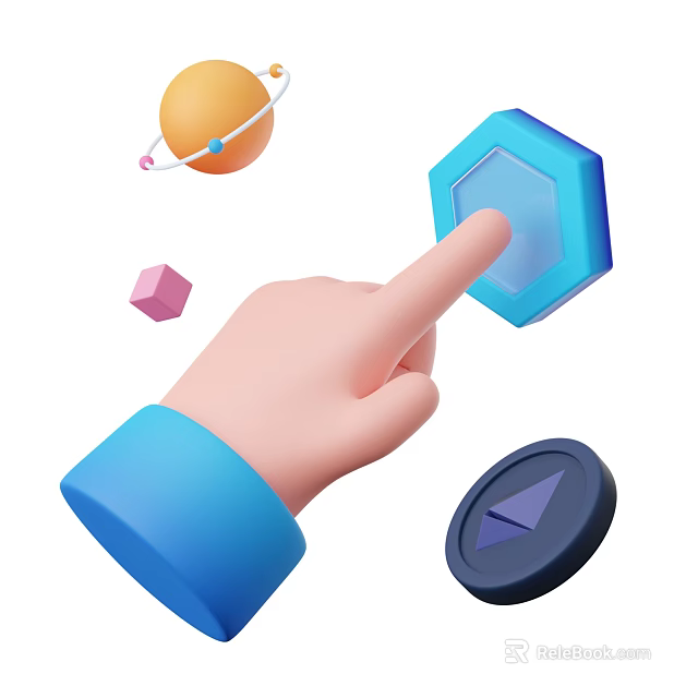Hand Pointing At Blue Hexagonal Shape With Orange Planet Pink Cube Decorative Ornament Set 3d model 