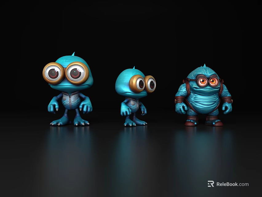 Three Blue Animated Game Character Figures With Big Eyes And Distinct Sizes 3d model 