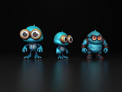 Three Blue Animated Game Character Figures With Big Eyes And Distinct Sizes 3d model