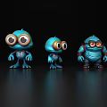 Three Blue Animated Game Character Figures With Big Eyes And Distinct Sizes