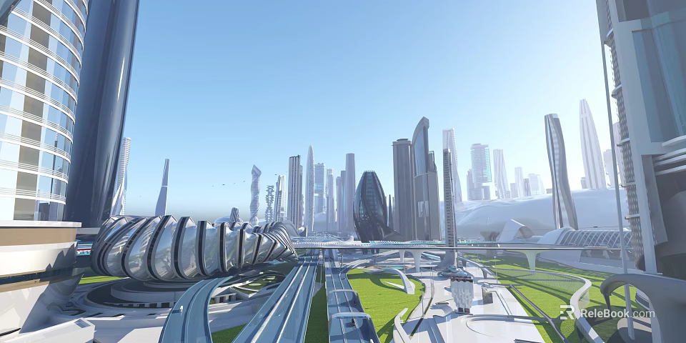 Futuristic Urban Cityscape With Tall Buildings Roads And Green Spaces 3d model 