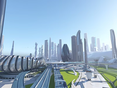 Futuristic Urban Cityscape With Tall Buildings Roads And Green Spaces 3d model