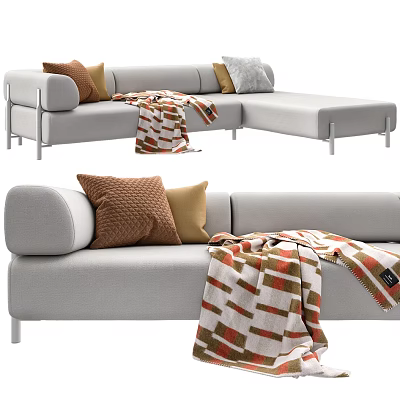 Modern Light Gray Sectional Sofa with Decorative Pillows and Red White Striped Throw Blanket 3d model