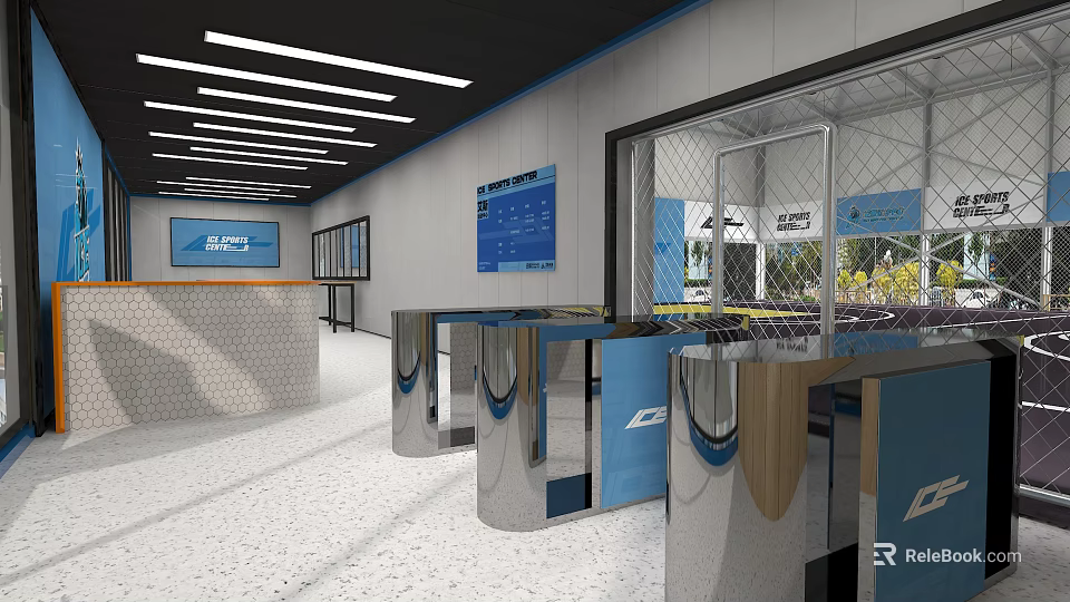Basketball Gym Entrance With Blue Turnstiles Digital Screens And Reception Area 3d model 
