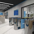 Basketball Gym Entrance With Blue Turnstiles Digital Screens And Reception Area
