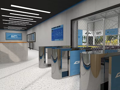 Basketball Gym Entrance With Blue Turnstiles Digital Screens And Reception Area 3d model