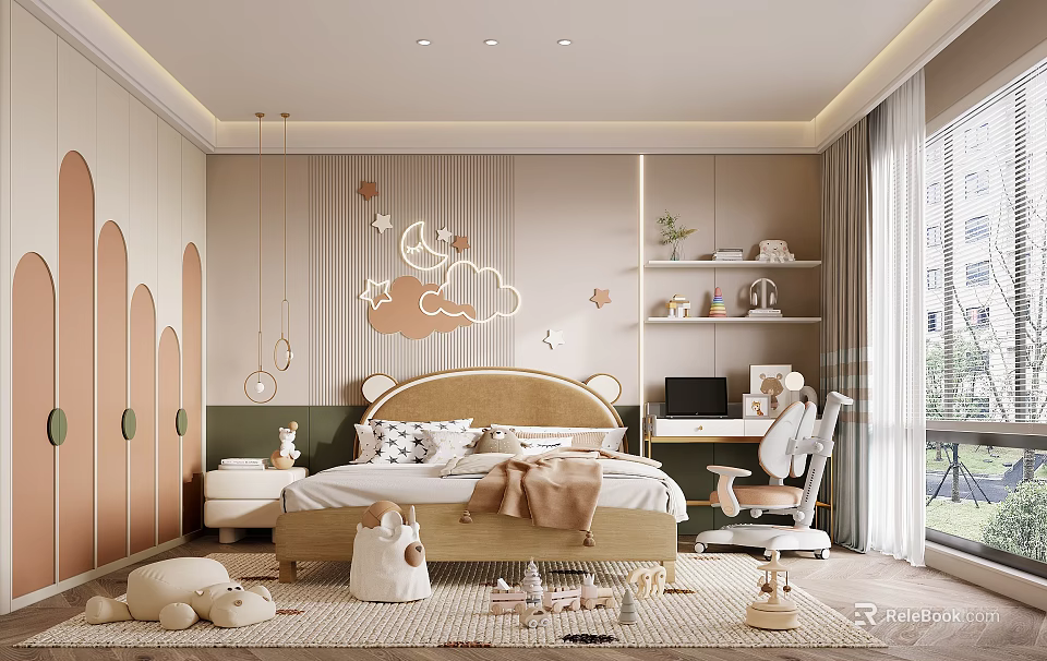 Cozy Kids Room Interior With Moon Cloud Wall Decor Bed Toy Shelves And Soft Rug 3d model 