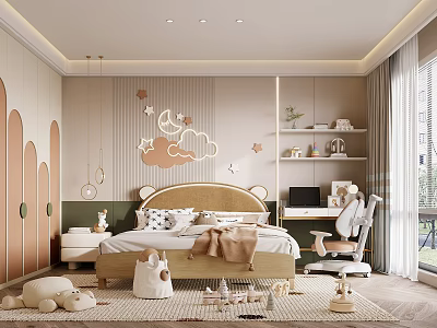 Cozy Kids Room Interior With Moon Cloud Wall Decor Bed Toy Shelves And Soft Rug 3d model