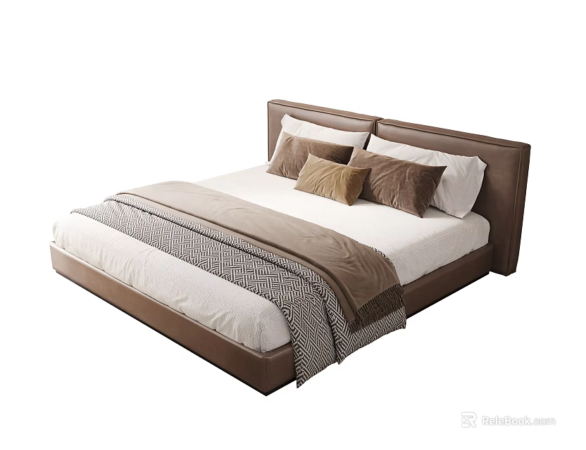 Modern Double Bed With Upholstered Headboard Soft Pillows And Blanket 3d model