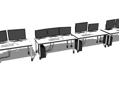 Row of Office Desks with Computer Monitors Keyboards and CPUs in Workspace 3d model