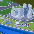 Modern Office Building Complex With Multiple Towers Riverside Green Space And Road Access 3d model
