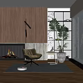 Cozy Brown Leisure Chair in Modern Living Room with Fireplace Wooden Wall and Green Plants