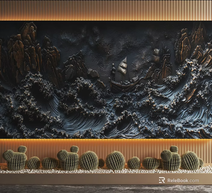 Wooden Background Wall With Intricate Relief Design Featuring Mountains Waves And Sailing Boat 3d model 