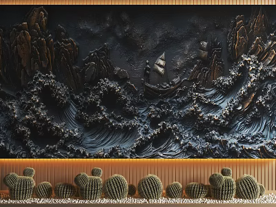 Wooden Background Wall With Intricate Relief Design Featuring Mountains Waves And Sailing Boat 3d model