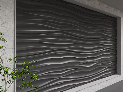 Modern Dark Wavy Textured Wall Design With Concrete Frame And Green Plants 3d model