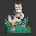 Cute 3D Cartoon Squirrel Model On Green Grass With Yellow Pink Flowers And Leaves