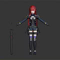 Red Haired Character In Armored Blue White Outfit With Arms Outstretched Holding Long Black Weapon