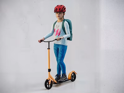 Woman Riding Scooter With Red Helmet Light Top Backpack And Blue Pants On White Background 3d model