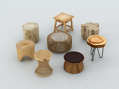 Various Stylish Wooden Rattan Stools with Metal Legs and Round Square Tops Collection 3d model