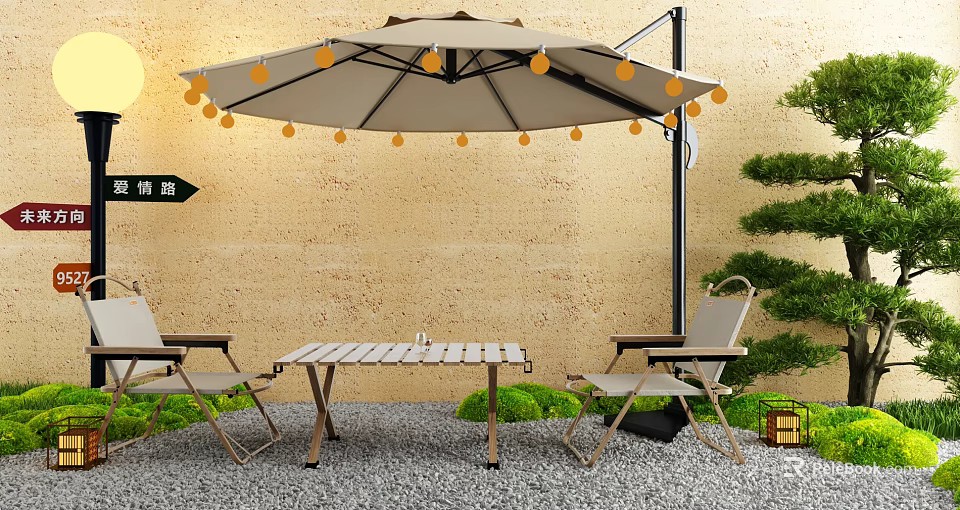 Cozy Outdoor Lounge Chairs with Patio Umbrella String Lights Side Table and Greenery 3d model 
