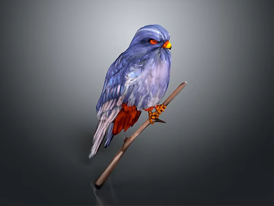 Vibrant Blue and Red Feathered Bird with Red Eyes Perched on Branch Against Gray Background 3d model