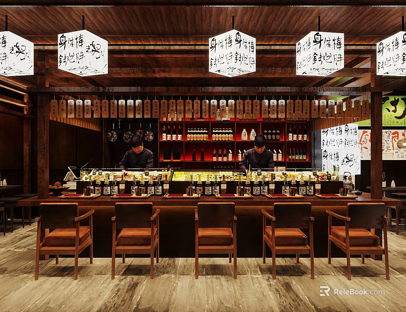Traditional Japanese Restaurant Interior With Wooden Bar Counter Leather Chairs And Hanging Signs 3d model 